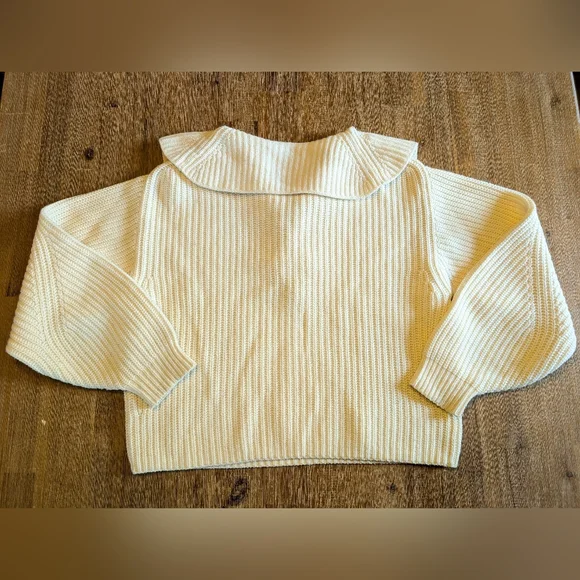 SEZANE Peter Laced Merino Blend Ribbed Flip Collar Jumper in Ecru Size S - Picture 12 of 15